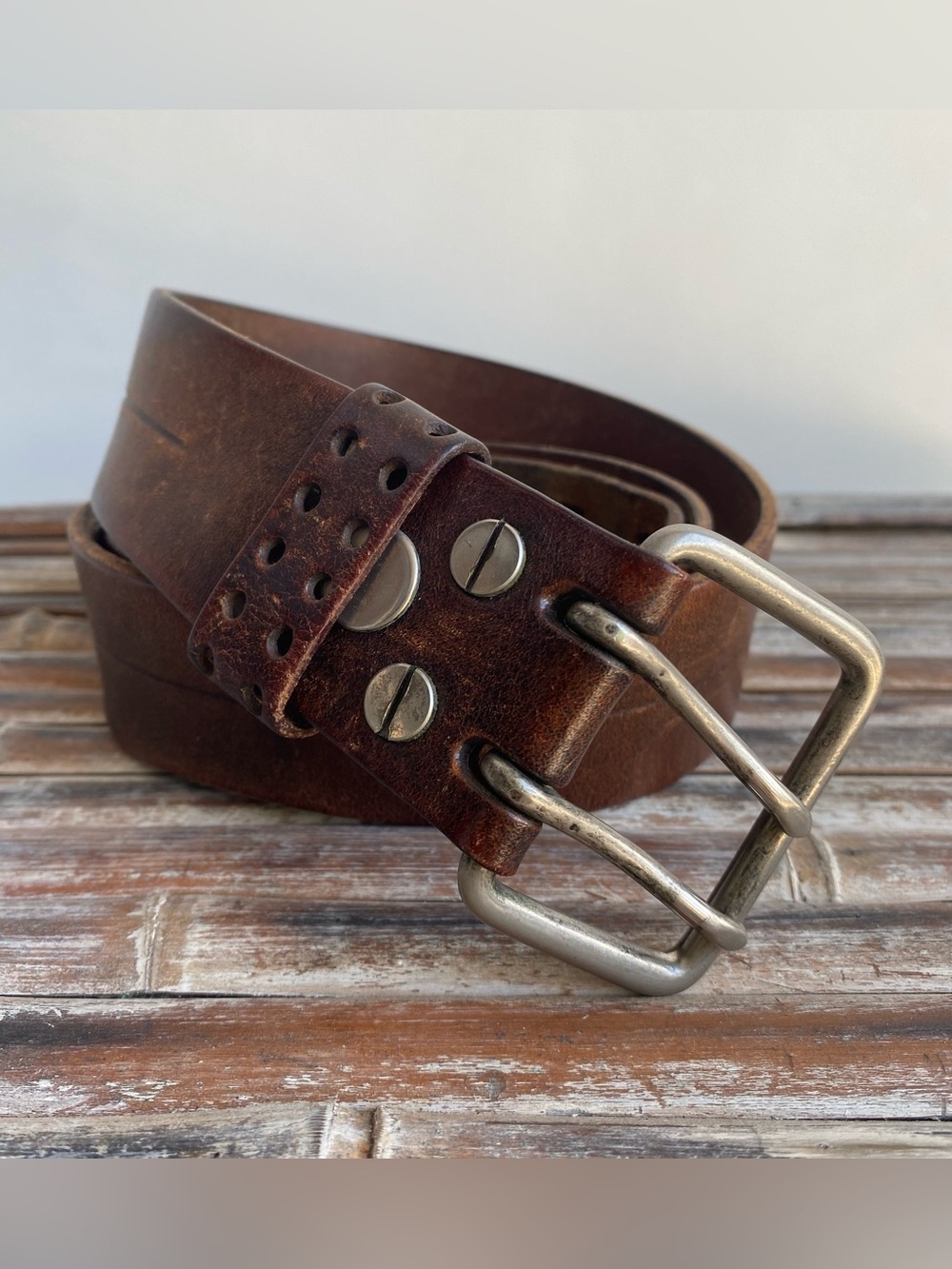 Vintage Y2K brown leather American Eagle belt double prong silver buckle 36